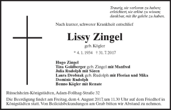Traueranzeige von Lissy Zingel von Trauerportal Rhein Main Presse