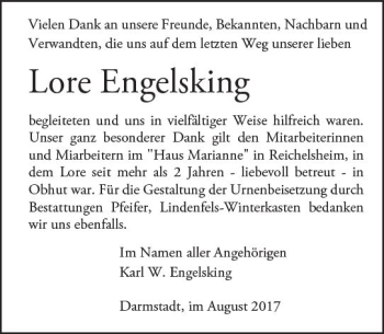 Traueranzeige von Lore Engelsking von Trauerportal Echo Online