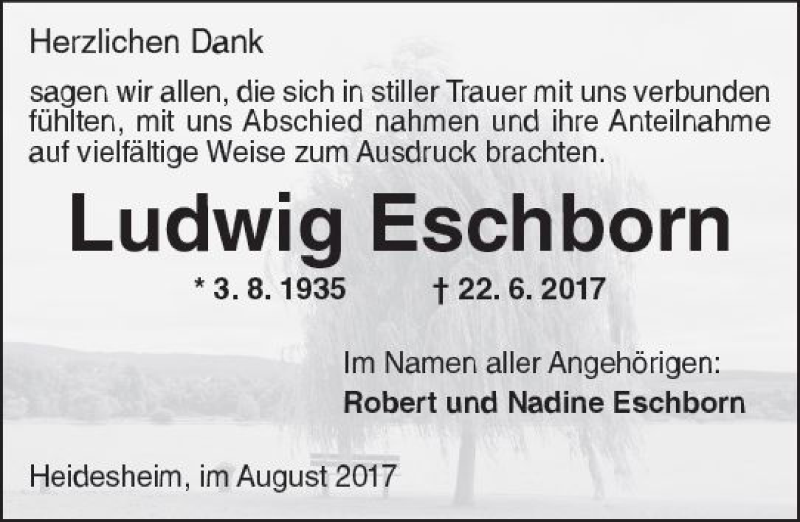  Traueranzeige für Ludwig Eschborn vom 11.08.2017 aus Trauerportal Rhein Main Presse