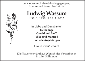 Traueranzeige von Ludwig Wassum von Trauerportal Echo Online