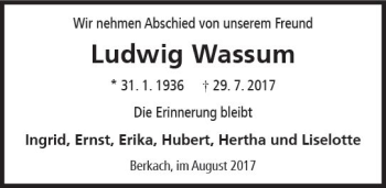 Traueranzeige von Ludwig Wassum von Trauerportal Echo Online