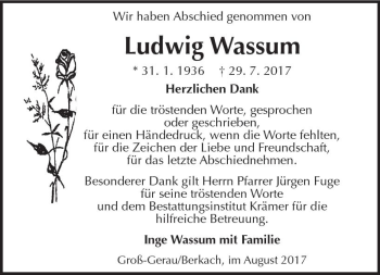 Traueranzeige von Ludwig Wassum von Trauerportal Echo Online