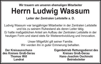 Traueranzeige von Ludwig Wassum von Trauerportal Echo Online
