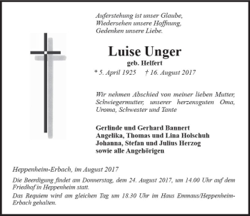 Traueranzeige von Luise Unger von Trauerportal Echo Online