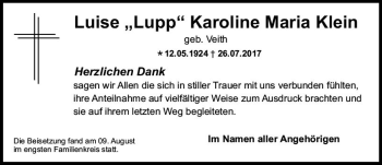 Traueranzeige von Luise Lupp Karoline Maria Klein von Trauerportal Rhein Main Presse