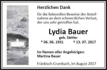 Traueranzeige von Lydia Bauer von Trauerportal Echo Online