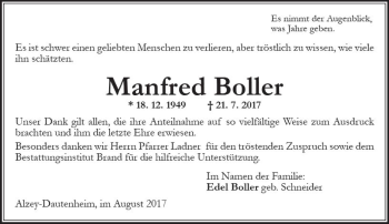 Traueranzeige von Manfred Boller von Trauerportal Rhein Main Presse