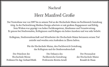 Traueranzeige von Manfred Große von Trauerportal Rhein Main Presse