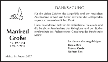 Traueranzeige von Manfred Große von Trauerportal Rhein Main Presse
