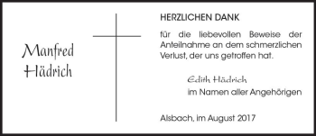 Traueranzeige von Manfred Hädrich von Trauerportal Echo Online