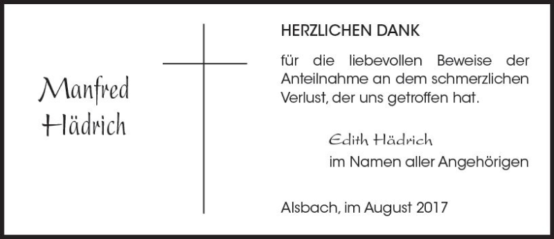  Traueranzeige für Manfred Hädrich vom 26.08.2017 aus Trauerportal Echo Online