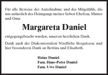Traueranzeige von Margareta Daniel von Trauerportal Echo Online
