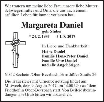 Traueranzeige von Margareta Daniel von Trauerportal Echo Online