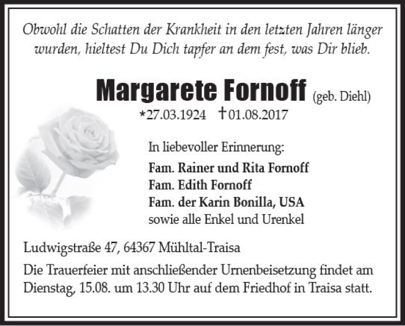  Traueranzeige für Margarete Fornoff vom 12.08.2017 aus Trauerportal Echo Online