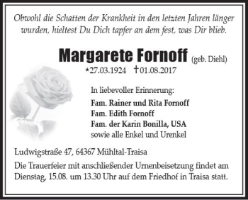 Traueranzeige von Margarete Fornoff von Trauerportal Echo Online