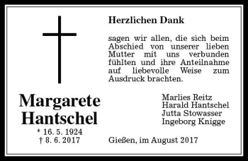 Traueranzeige von Margarete Hantschel von  Gießener Anzeiger