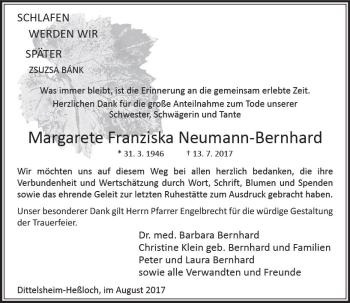 Traueranzeige von Margarete Franziska Neumann-Bernhard von Trauerportal Rhein Main Presse