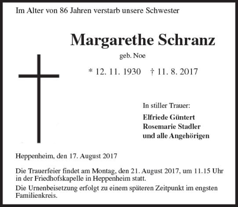  Traueranzeige für Margarethe Schranz vom 17.08.2017 aus Trauerportal Echo Online