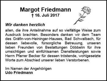 Traueranzeige von Margot Friedmann von Trauerportal Rhein Main Presse