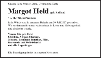 Traueranzeige von Margot Held von Trauerportal Rhein Main Presse
