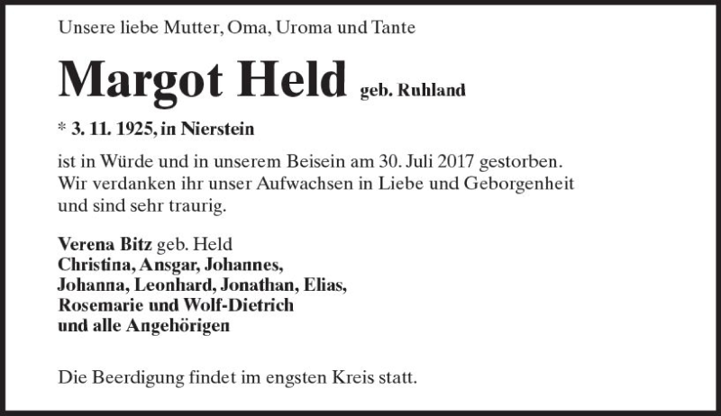  Traueranzeige für Margot Held vom 05.08.2017 aus Trauerportal Rhein Main Presse