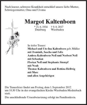 Traueranzeige von Margot Kaltenborn von Trauerportal Rhein Main Presse