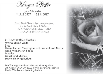 Traueranzeige von Margot Pfeiffer von Trauerportal Rhein Main Presse