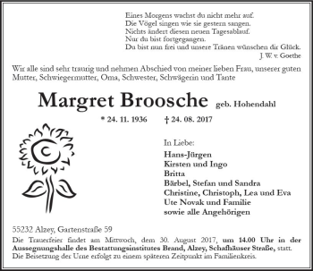 Traueranzeige von Margret Broosche von Trauerportal Rhein Main Presse