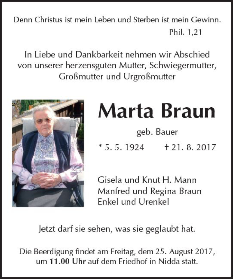  Traueranzeige für Maria Braun vom 23.08.2017 aus  Kreisanzeiger