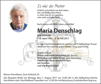 Traueranzeige von Maria Denschlag von Trauerportal Rhein Main Presse
