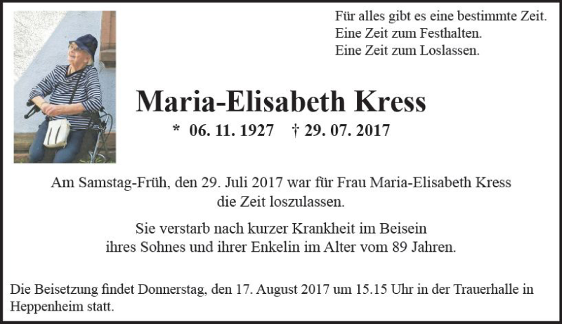  Traueranzeige für Maria-Elisabeth Kress vom 05.08.2017 aus Trauerportal Echo Online