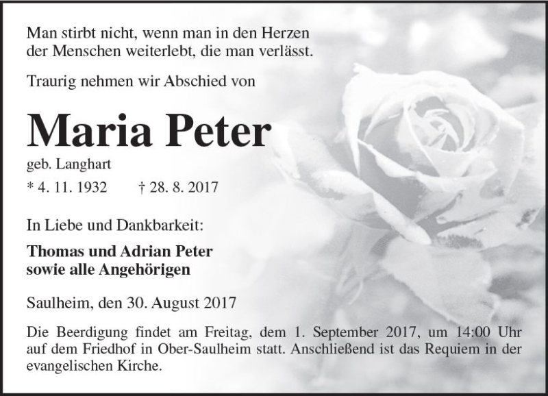  Traueranzeige für Maria Peter vom 31.08.2017 aus Trauerportal Rhein Main Presse