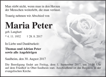 Traueranzeige von Maria Peter von Trauerportal Rhein Main Presse