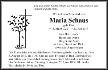 Traueranzeige von Maria Schaus von  Camberger Anzeiger