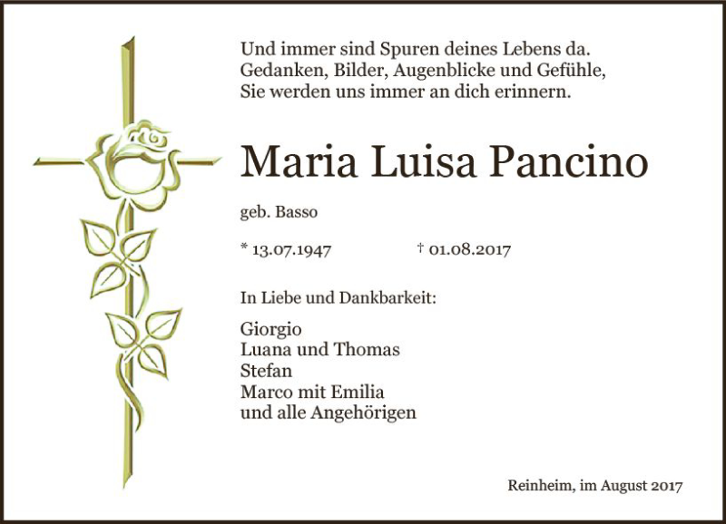  Traueranzeige für Maria Luisa Pancino vom 09.08.2017 aus Trauerportal Echo Online