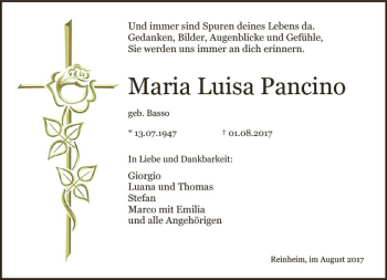 Traueranzeige von Maria Luisa Pancino von Trauerportal Echo Online