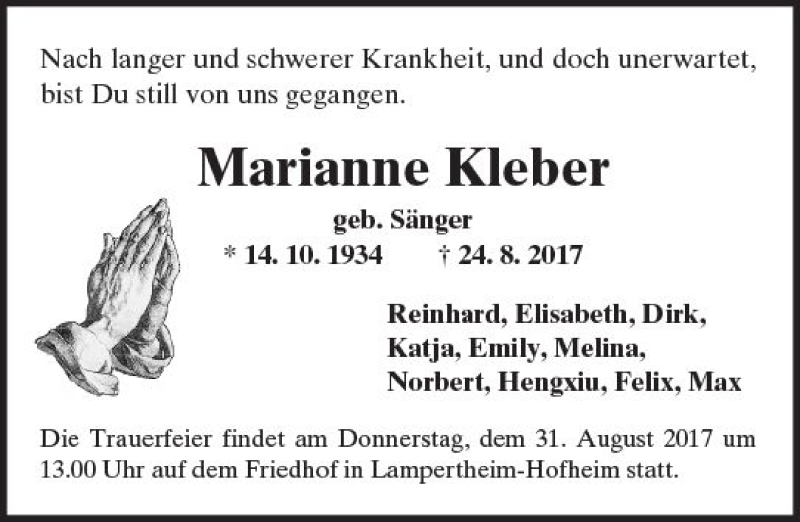  Traueranzeige für Marianne Kleber vom 29.08.2017 aus Trauerportal Echo Online
