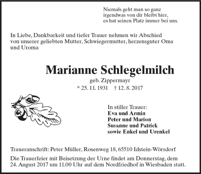  Traueranzeige für Marianne Schlegelmilch vom 19.08.2017 aus Trauerportal Rhein Main Presse