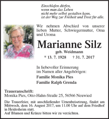 Traueranzeige von Marianne Silz von Trauerportal Rhein Main Presse
