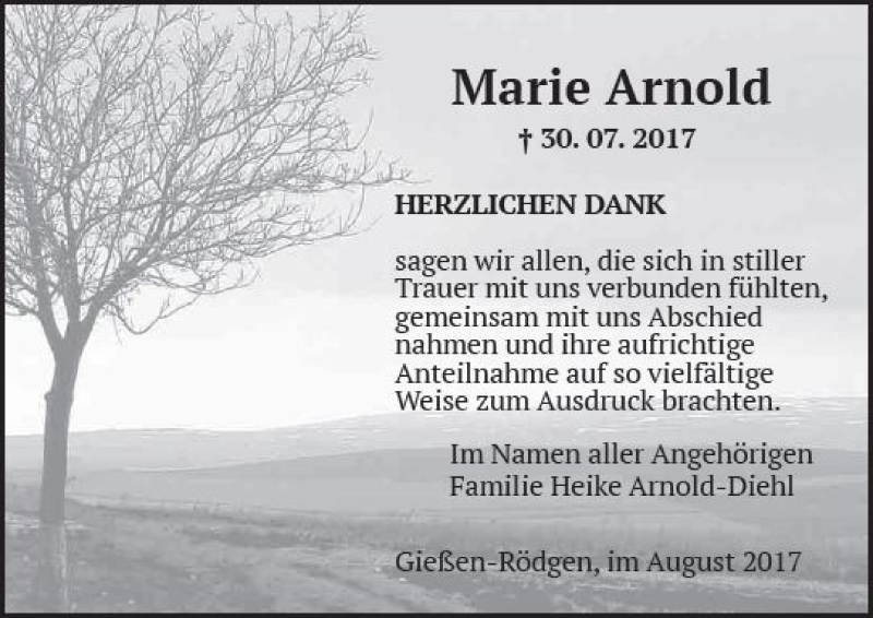  Traueranzeige für Marie Arnold vom 26.08.2017 aus  Gießener Anzeiger