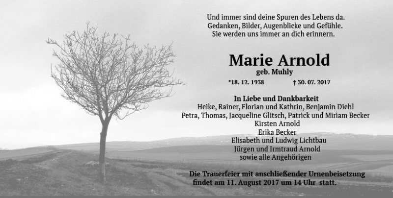  Traueranzeige für Marie Arnold vom 05.08.2017 aus  Gießener Anzeiger
