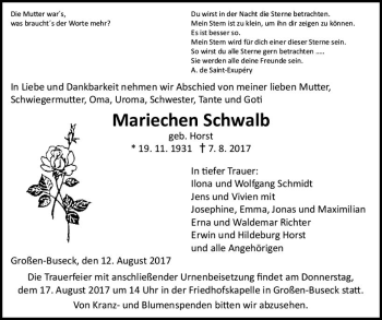 Traueranzeige von Mariechen Schwalb von  Gießener Anzeiger