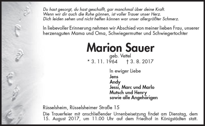  Traueranzeige für Marion Sauer vom 12.08.2017 aus Trauerportal Rhein Main Presse