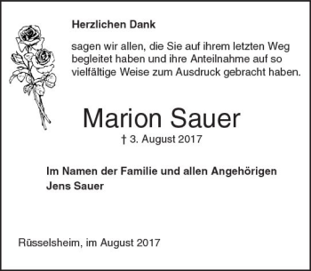 Traueranzeige von Marion Sauer von Trauerportal Rhein Main Presse