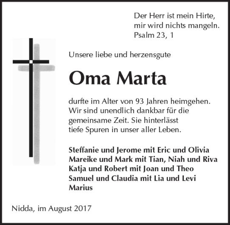  Traueranzeige für Marta  vom 23.08.2017 aus  Kreisanzeiger