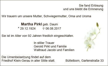 Traueranzeige von Martha Pirkl von Trauerportal Echo Online