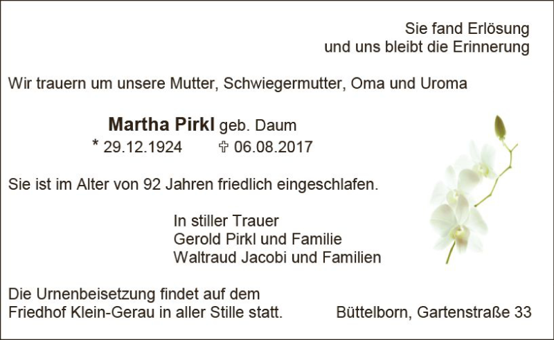  Traueranzeige für Martha Pirkl vom 22.08.2017 aus Trauerportal Echo Online