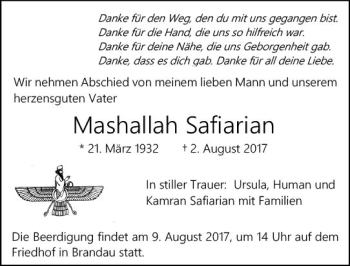 Traueranzeige von Mashallah Safiarian von Trauerportal Echo Online
