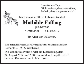 Traueranzeige von Mathilde Foßhag von Trauerportal Rhein Main Presse