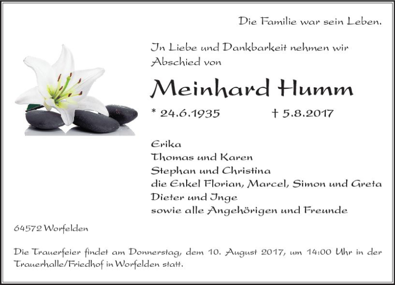  Traueranzeige für Meinhard Humm vom 08.08.2017 aus Trauerportal Echo Online